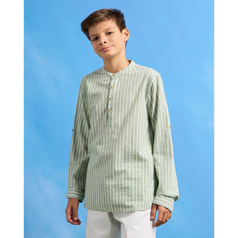Senior Boys Green Striped Mandarin Casual Shirt