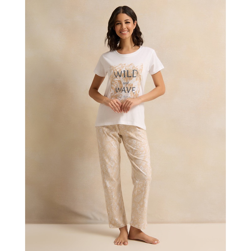Women Beige And White Printed Payjama Set (2 Piece)