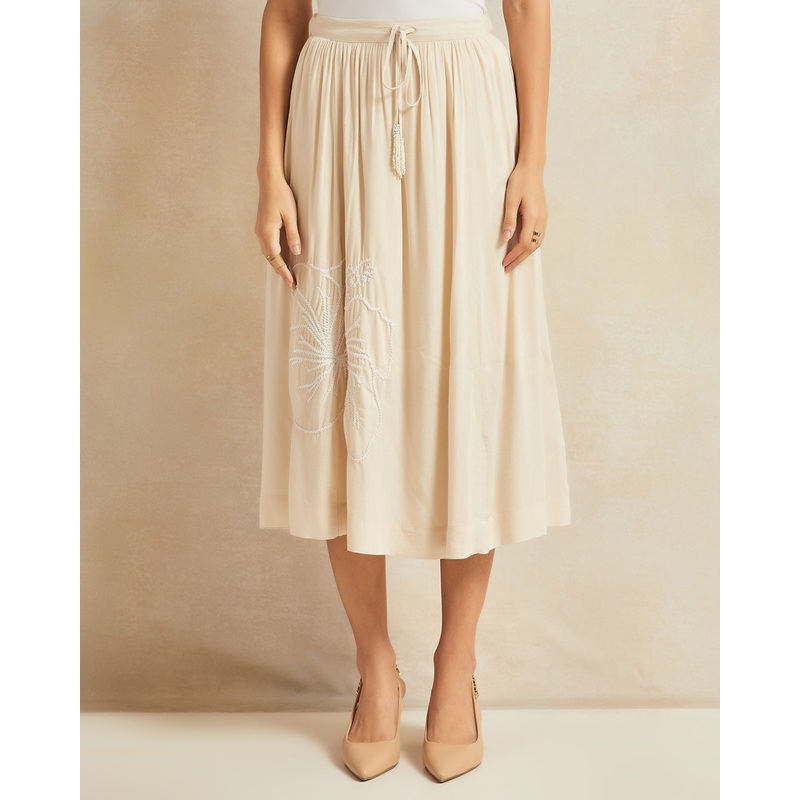 Women Beige Floral Embroidered Gathered Skirt