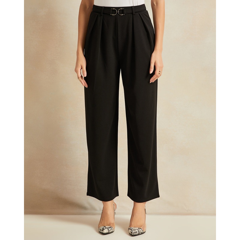 Women Black Metal Detaille Pleated Smart Trouser
