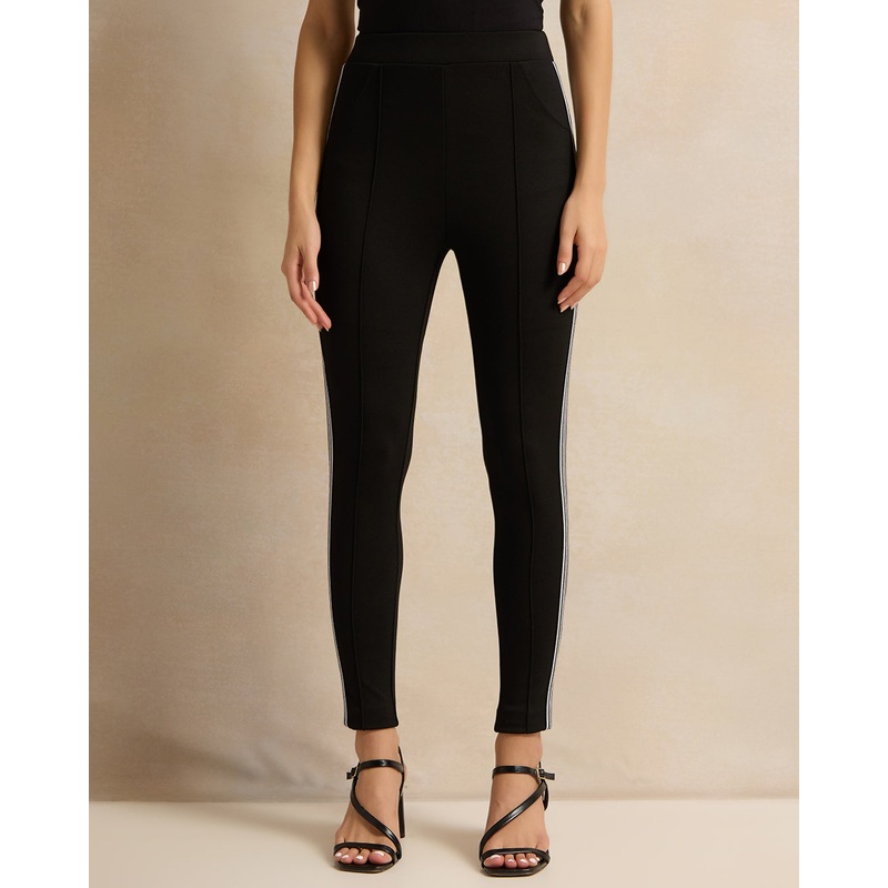 Women Black Side Tape Leggings