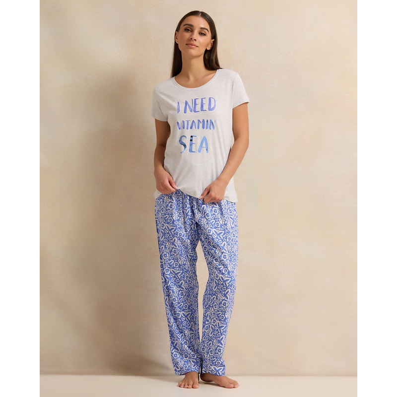 Women Blue And Grey Printed Pyjama Set (2 Piece)