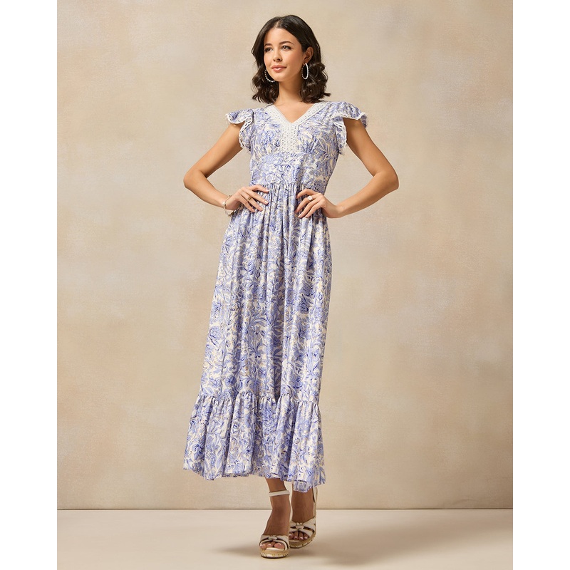 Women Blue And White Floral Printed Dress