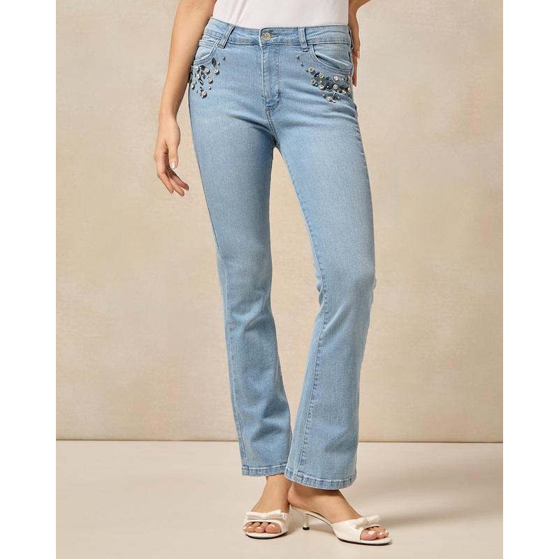 Women Blue Embellished With Rhinestones Flared Jeans