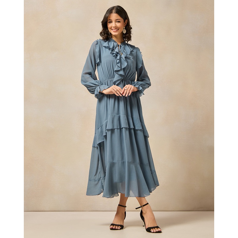 Women Blue Ruffle Embellished Dress