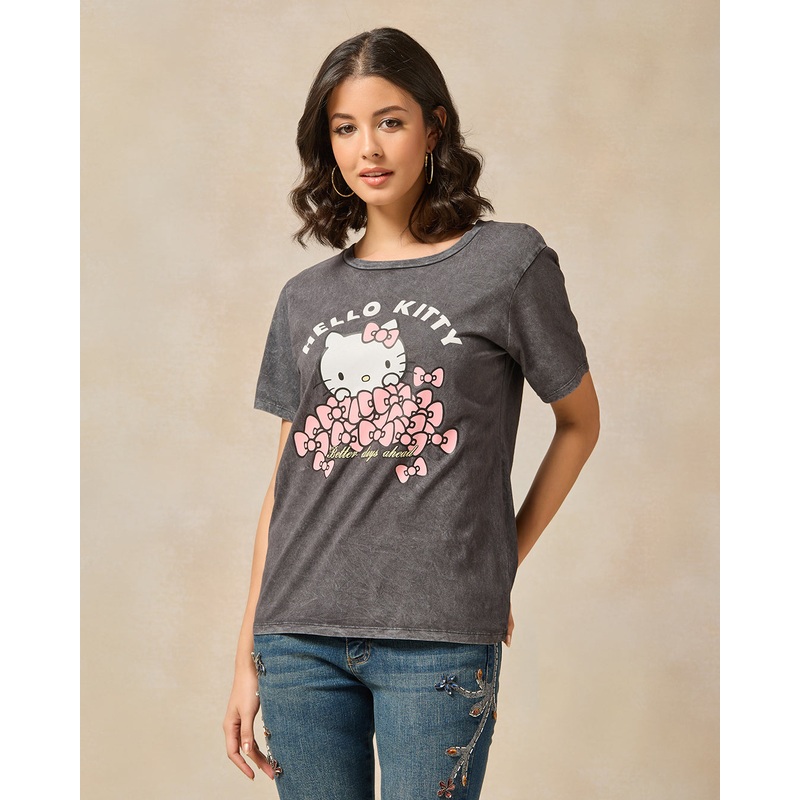 Women Charcoal Acid Wash Hello Kitty Printed T-Shirt
