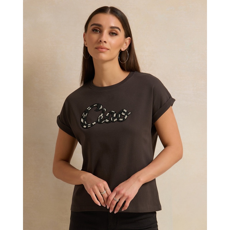 Women Grey Embellished T-Shirt