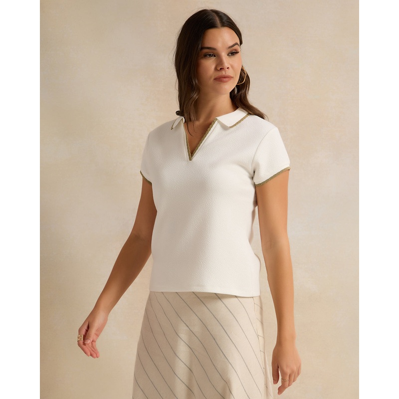Women Ivory Detailed Polo-Neck Top