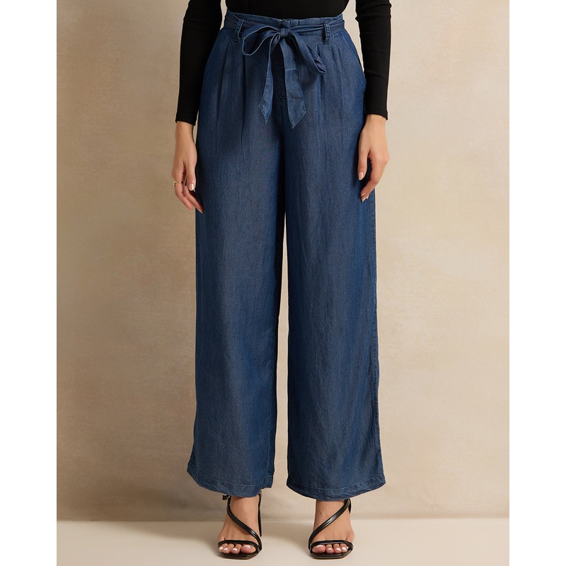 Women Navy Belted Wide Leg Trousers