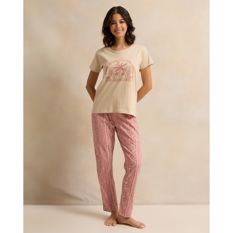 Women Pink And Yellow Printed Payjama Set (2 Piece)