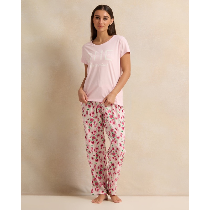 Women Pink Flower Printed Pyjama Set (2 Piece)
