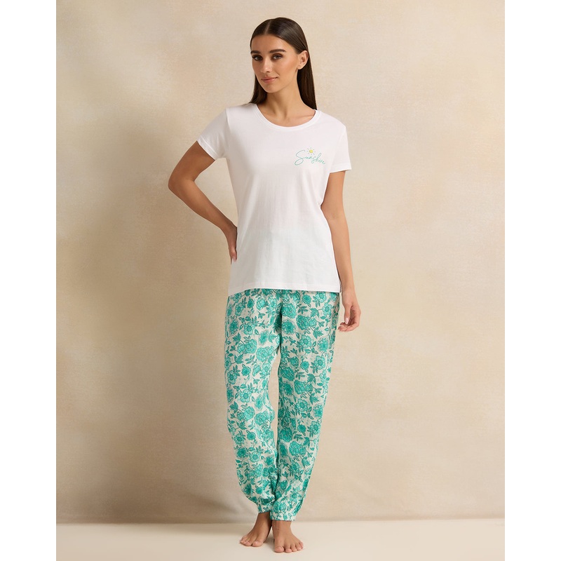 Women Teal And White Printed Pyjama Set (2 Piece)