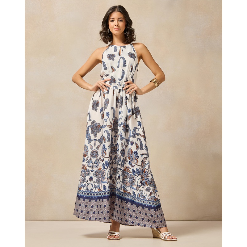 Women White Printed Belted Maxi Dress