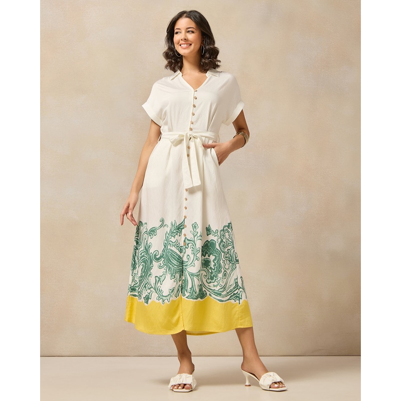 Women White Printed Button Down Shirt Dress