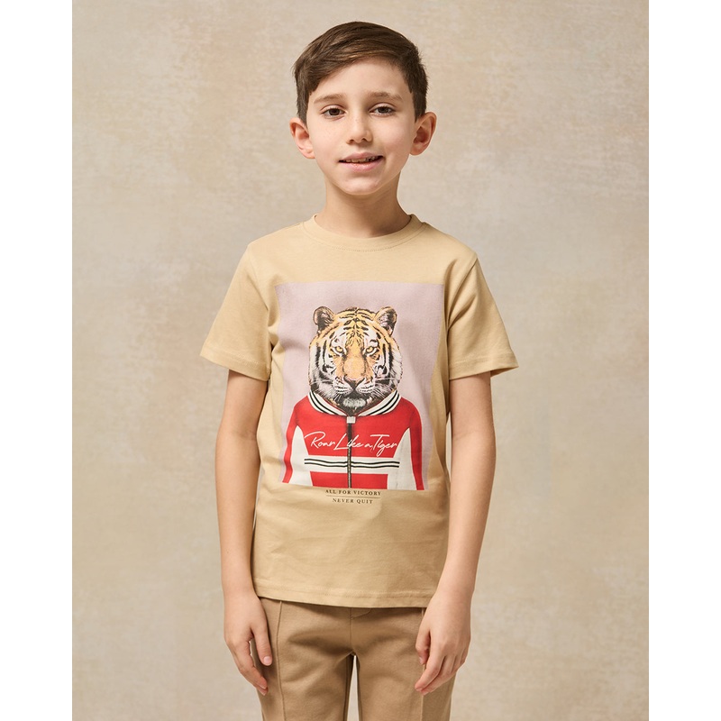 Boys Beige Lion Team Graphic Short Sleeve T-Shirt