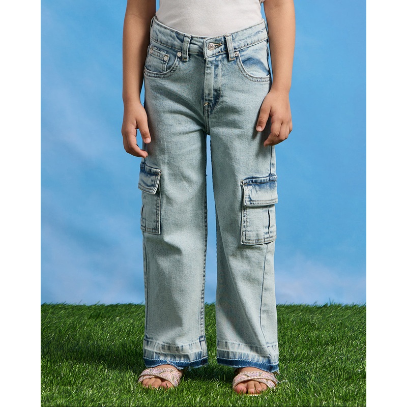 Girls Blue Cargo Mid Rise Straight Fit Jeans
