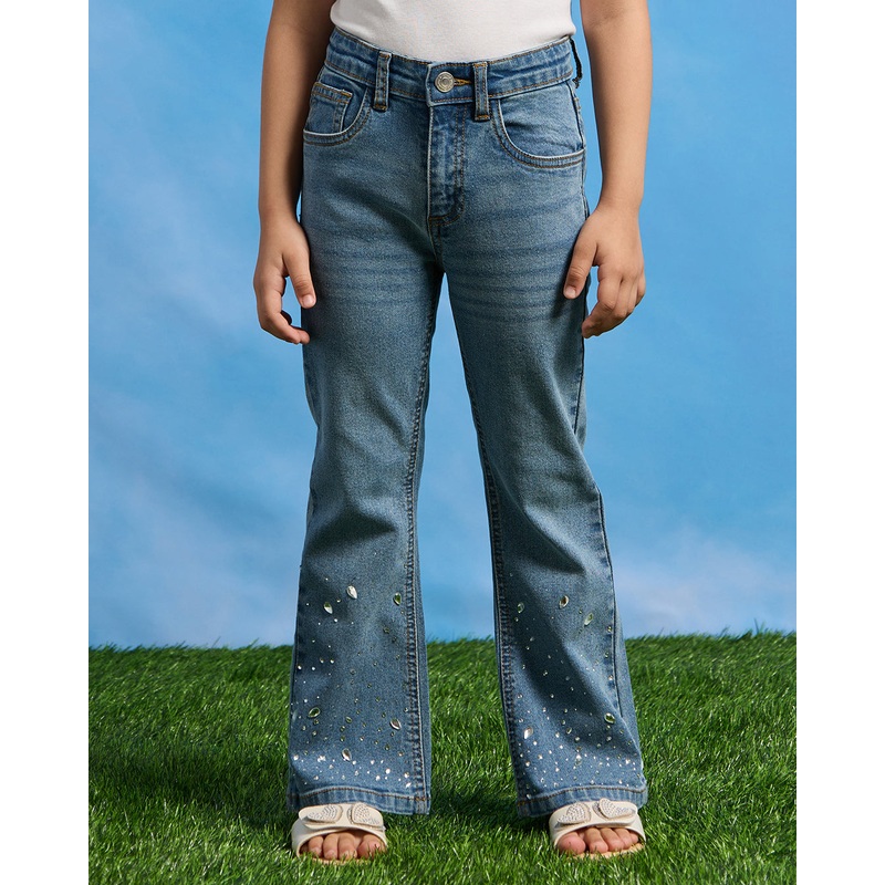 Girls Blue Flare Fit Jeans With Bottom Studs