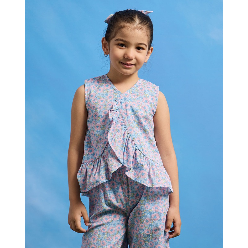 Girls Blue Floral Printed Blouse With Hairband (2 Piece)
