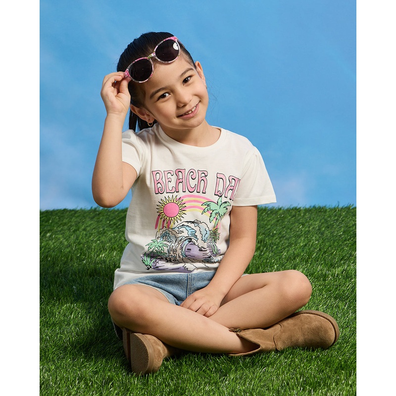 Girls Ivory Beach Day Print T-Shirt