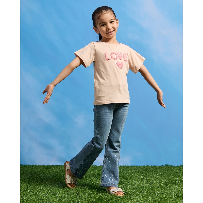 Girls Peach Hello Embellished T-Shirt