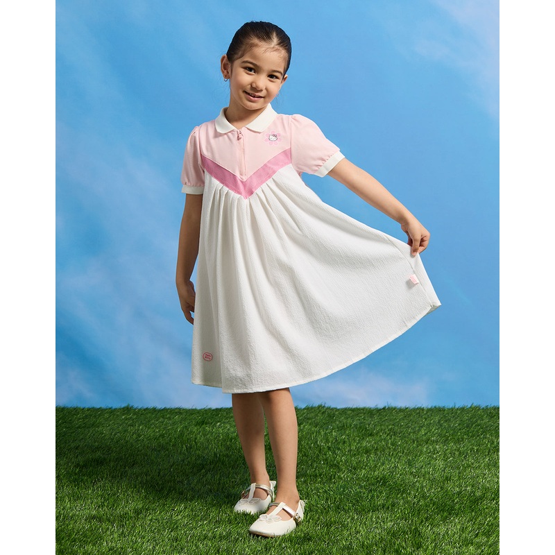 Girls Pink And White Hello Kitty Placement Print Cut & Sew Collared Dress