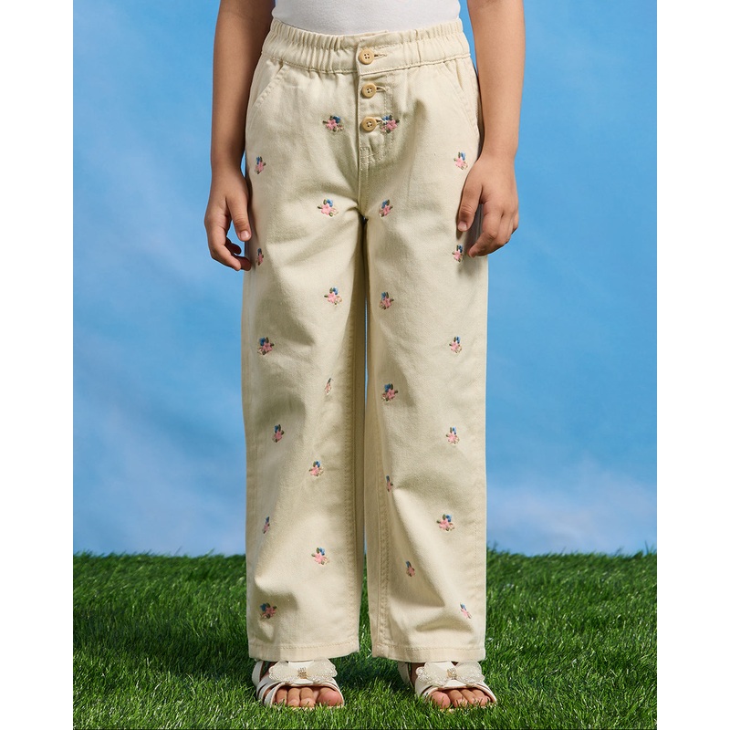 Girls White All Over Embroidered Baggy Jeans