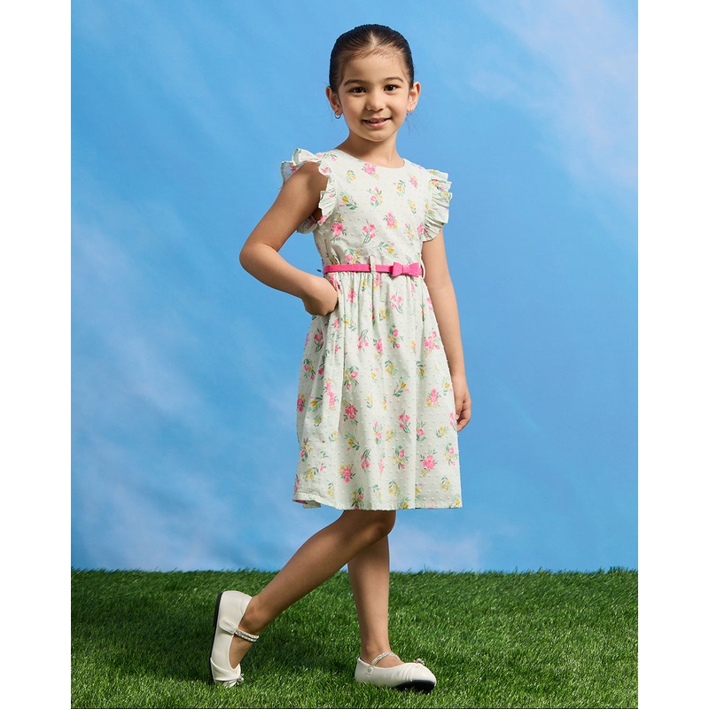 Girls White Floral Printed Dress With Belt