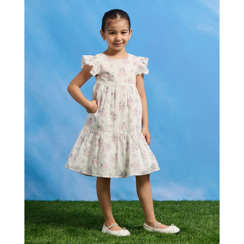 Girls White Floral Tiered Dress