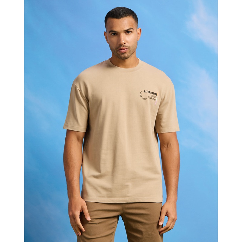 Men Beige Terry Printed T-Shirt