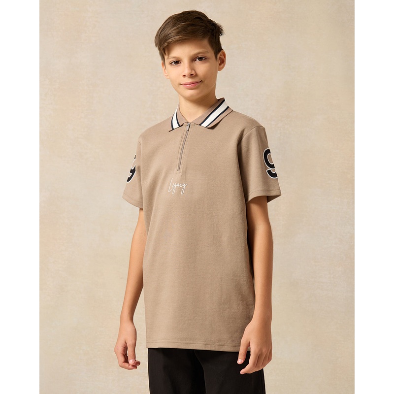 Senior Boys Brown Plain Zip Placket Polo T-shirt