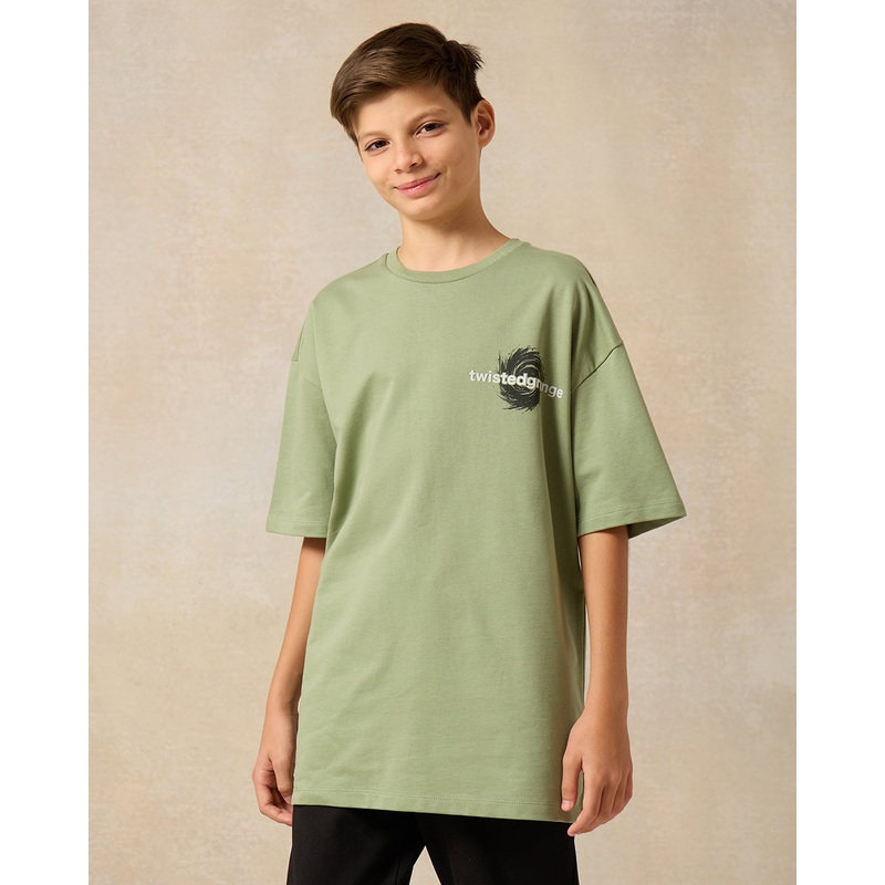 Senior Boys Green Twisted Grunge Print Over Size T-Shirt