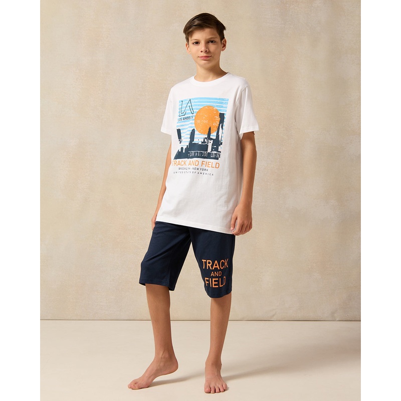 Senior Boys White And Black Printed Pyjama Set (2 Piece)
