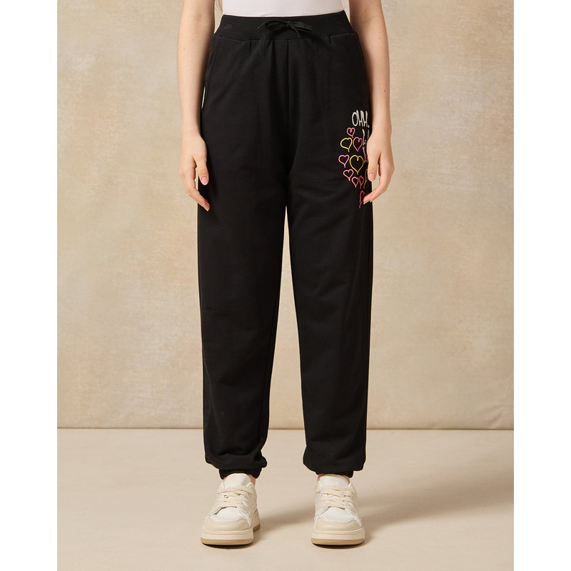 Senior Girls Black Basic Printed Track Pants