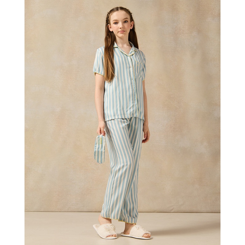 Senior Girls Green Striped With Eye Mask Pyjama Set (3 Piece)