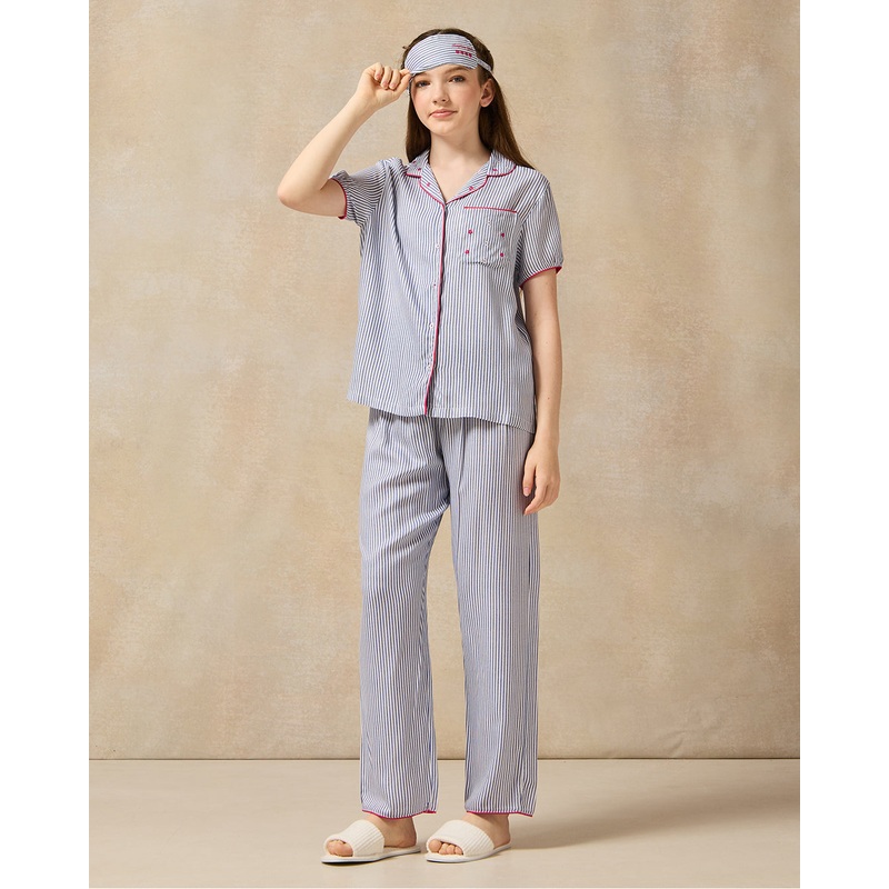 Senior Girls Navy Striped With Eye Mask Pyjama Set (3 Piece)