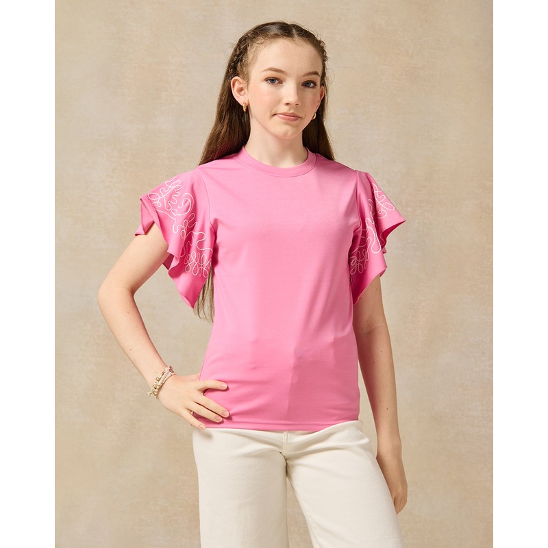 Senior Girls Pink Ruffled Embroidered Sleeve Top