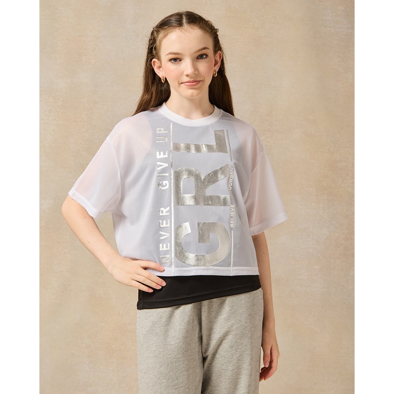 Senior Girls White And Black Mesh Twofer Top