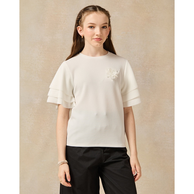 Senior Girls White Ruffled Sleeve Embellished With Flower Top
