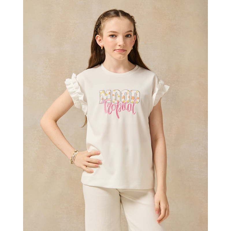 Senior Girls White Tropical Ruffled Sleeve Top