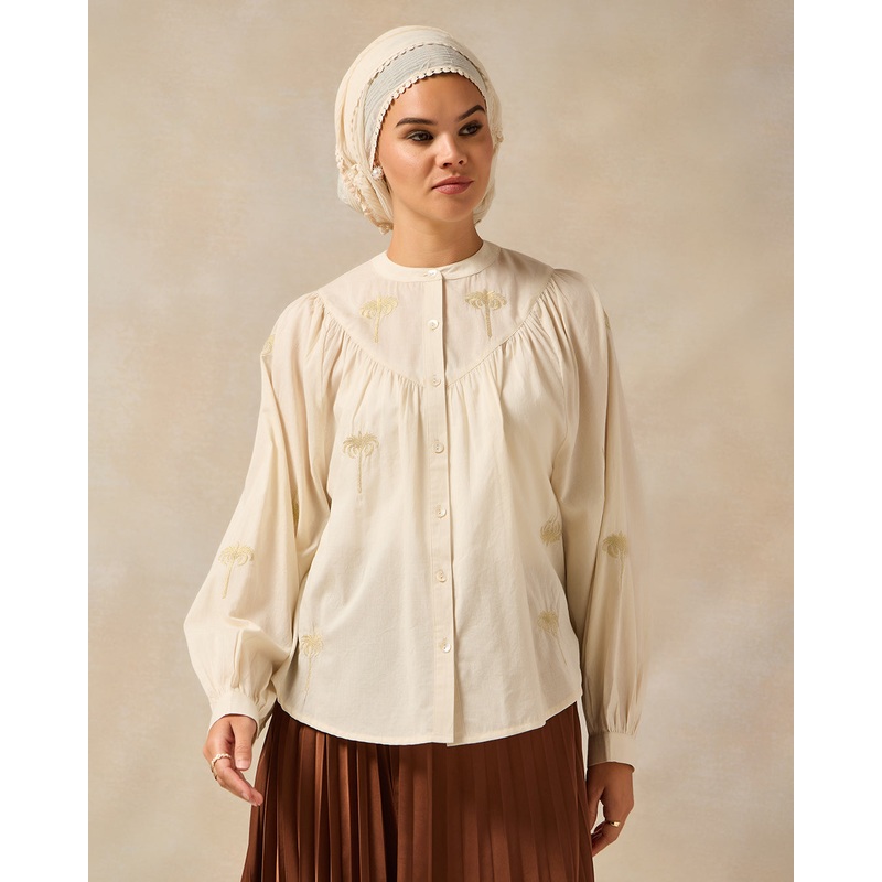Women Beige Lurex Palm Embroidered Blouse