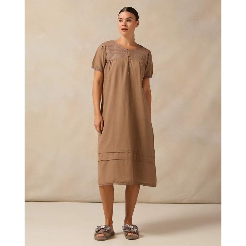 Women Beige Short Sleeve Lace Nightgown