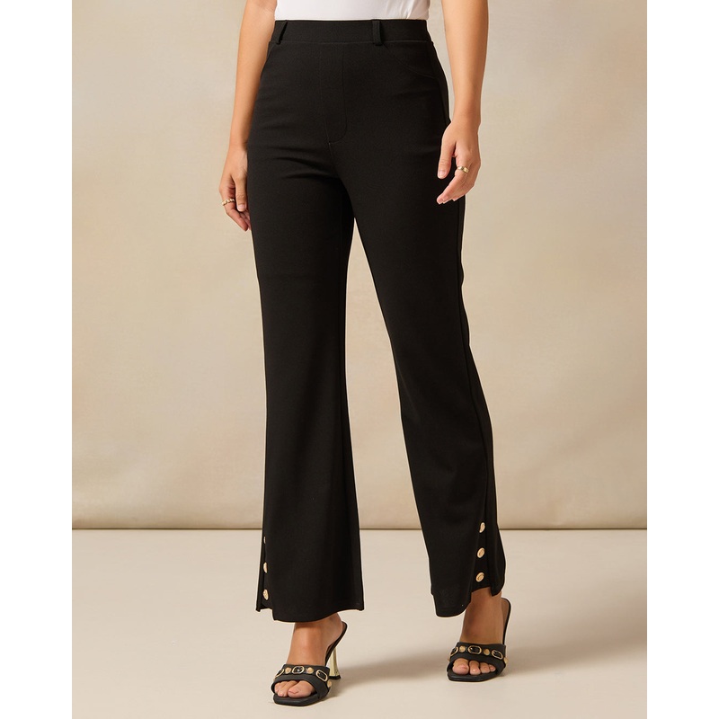 Women Black Bottom Button Details Smart Trouser