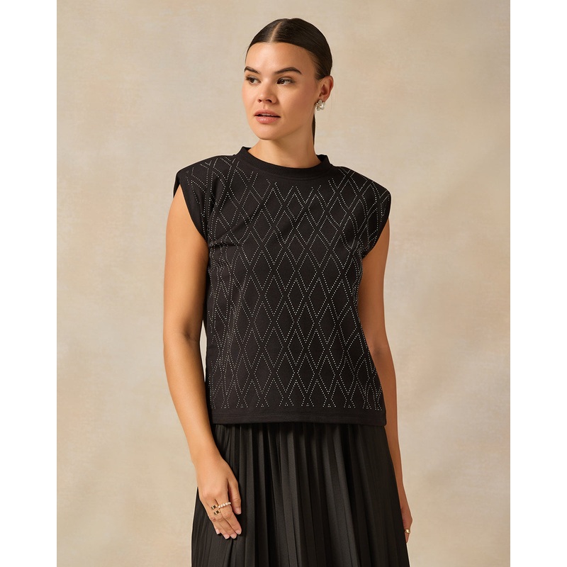 Women Black Diamond Rhine Stone Heat Set Shoulder Padded Top