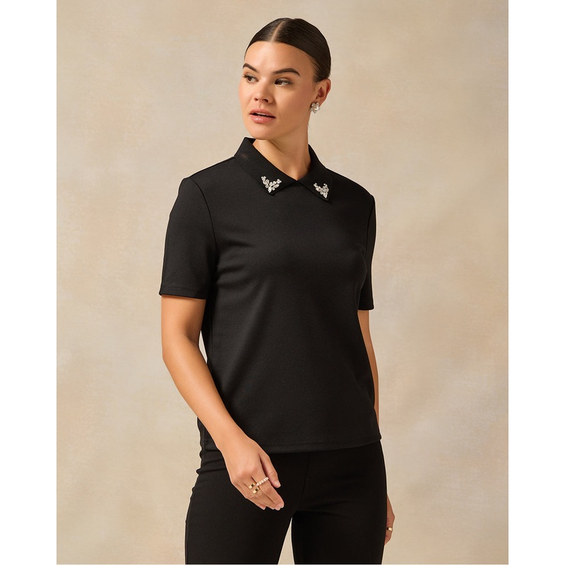 Women Black Embellished With Rhinestone Collar  Polo T-shirt