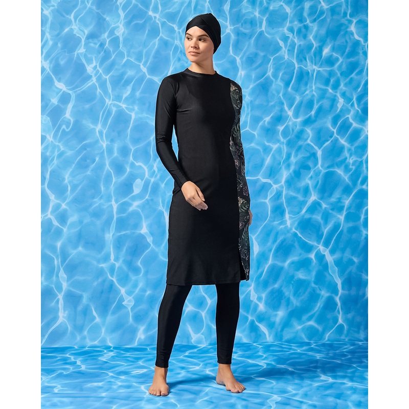 Women Black Printed  Long Length Burkini With Cap (3 Piece)