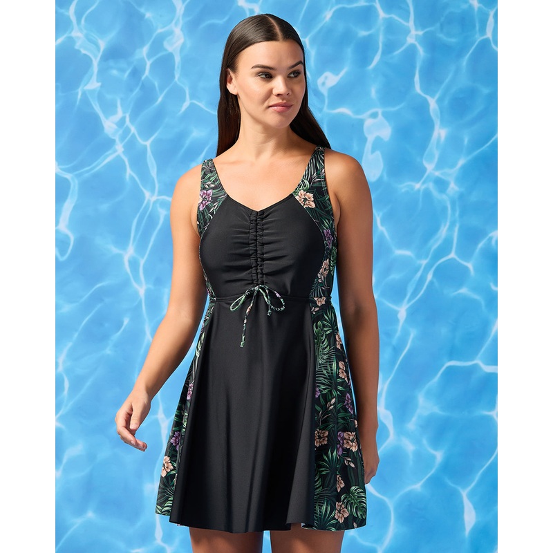 Women Black Printed Swim Dress With Belt In Shorts