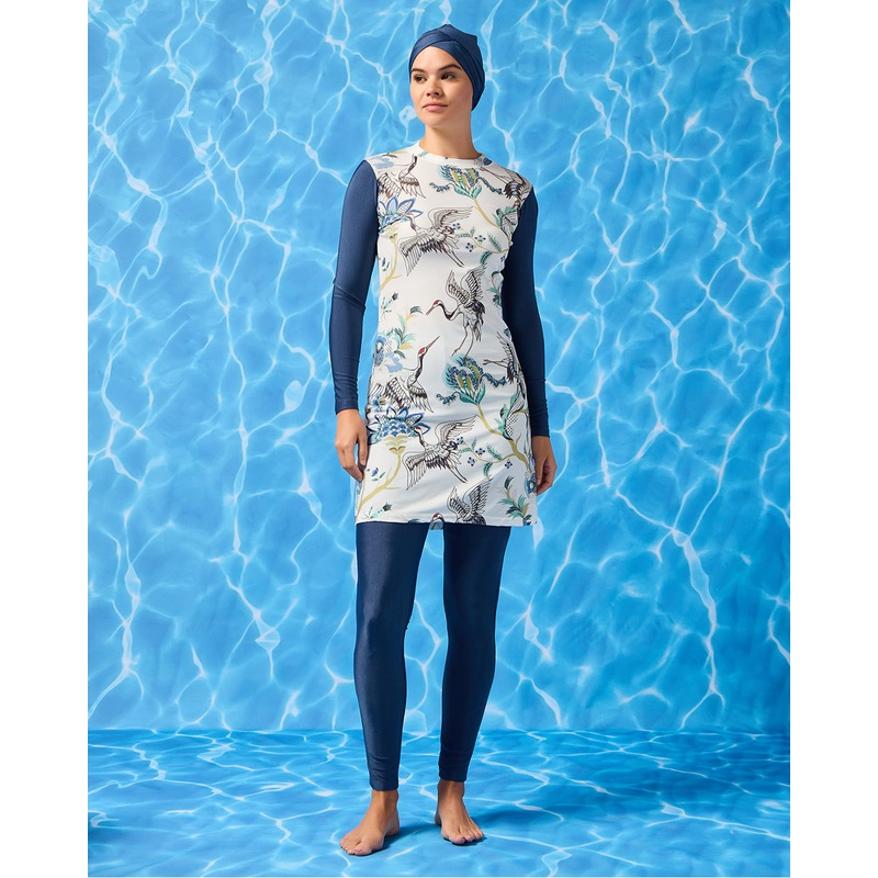 Women Blue Printed Tunic Burkini Set With Cap (3 Piece)