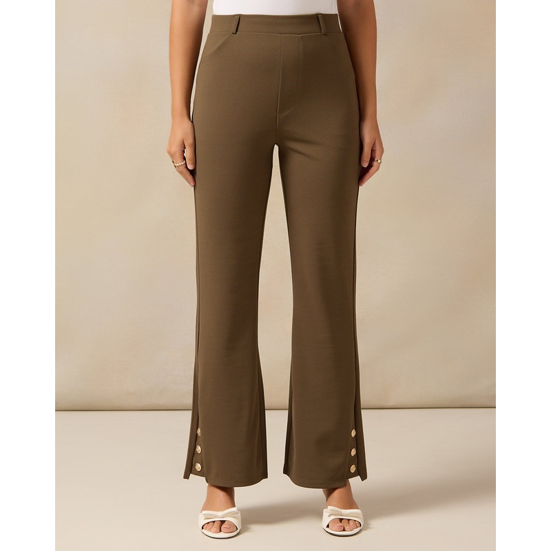 Women Bottom Button Details Smart Trouser