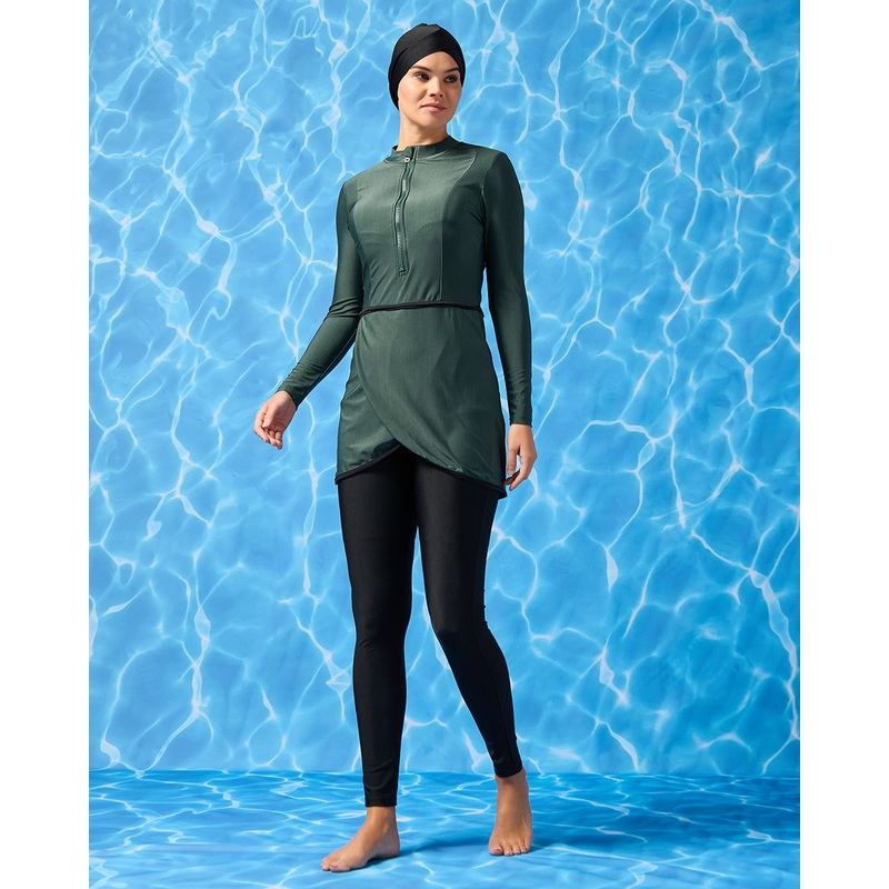 Women Green And Black Front Zip Open Burkini Set (2 Piece)