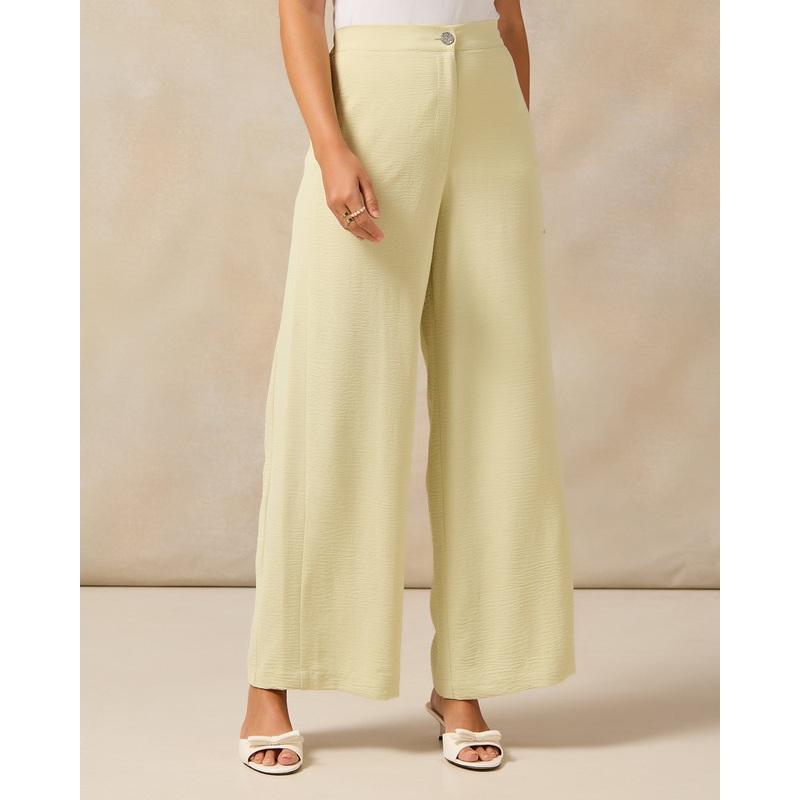 Women Green Plain Wide Leg Trousers